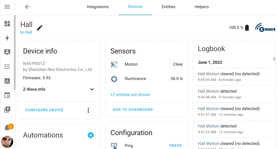 Screen recording showing a live logbook feed on the device page