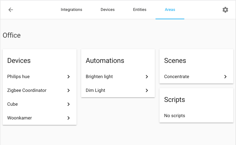 Screenshot of the area config page