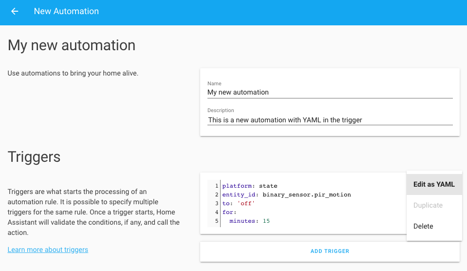 Screenshot of the automation YAML editor