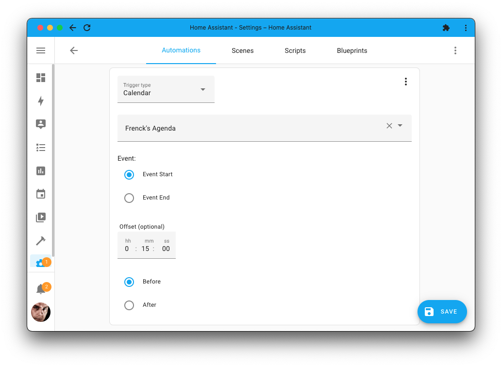 Screenshot showing the calendar trigger using an offset