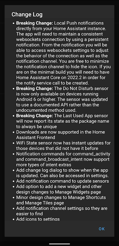 Screenshot of changelog