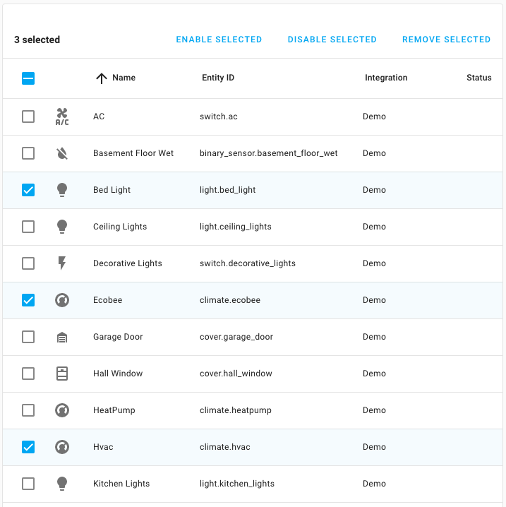 Screenshot of the entities configuration page with multi selection