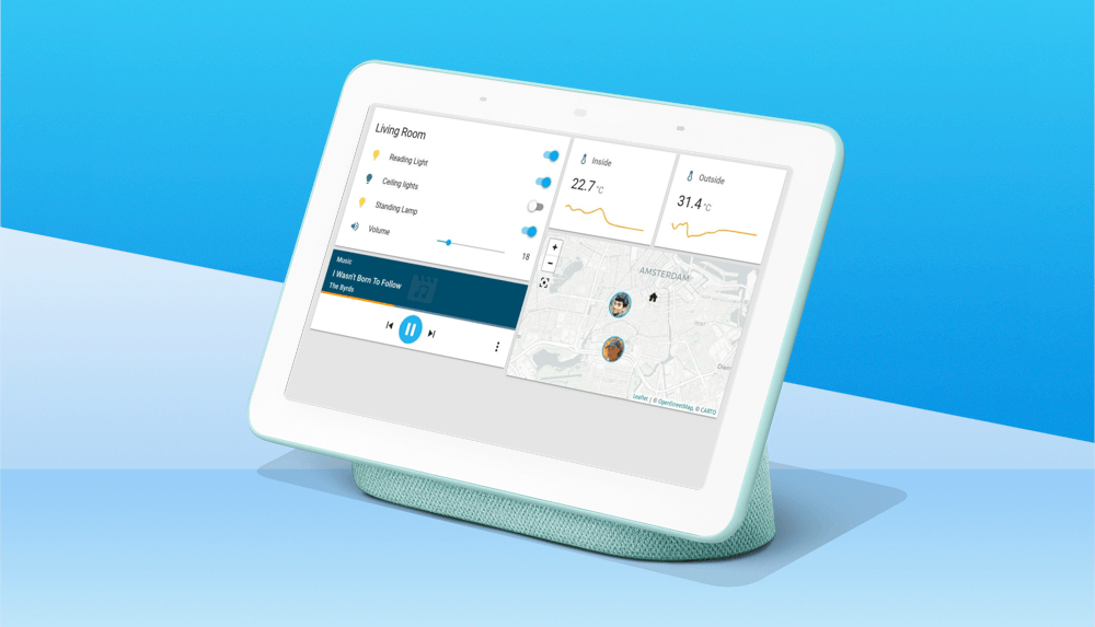 Picture of a Google Nest Hub with the Home Assistant UI on it.